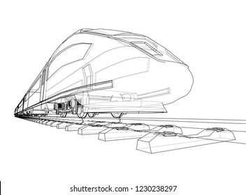 Modern speed train concept. Vector rendering of 3d. Wire-frame style