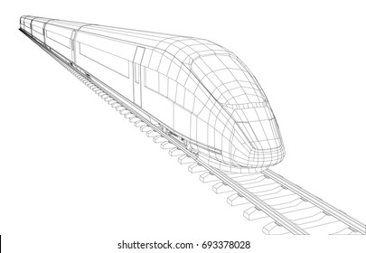 Modern speed train silhouette. Vector rendering of 3d. Wire-frame style