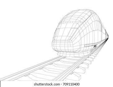 Modern speed train silhouette. Vector rendering of 3d. Wire-frame style