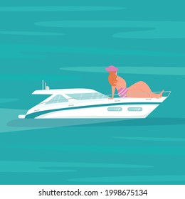 Modern speed yacht with body positive woman in ocean, sea. Summer vacation seaside concept. Vector stock illustration for advertisement beach party or travel agency, yachting club, marine. EPS10