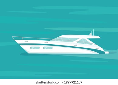 Modern speed yacht in ocean, sea. Summer vacation seaside concept. Vector stock illustration for advertisement beach party or travel agency, yachting club, racing, marine. EPS10