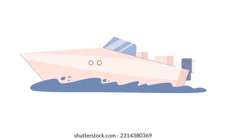 Modern speedboat sails on sea, flat vector illustration isolated on white background. Luxury ship, yacht or boat. Summer vacation and boat rental or lease concepts.