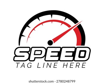 Modern speedometer gauge logo template featuring minimalist red and black lines for automotive branding and performance.