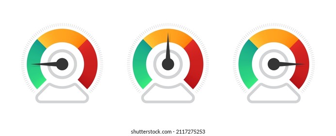 Modern speedometer, tachometer, indicator icons. Performance measurement. Risk meter. Vector illustration