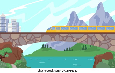 Modern speedy train on railway, travel speed, reliable city transport, trip to big town, design cartoon style vector illustration. Colorful mountain landscape, vehicle ride over bridge, business wagon