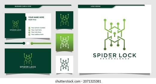 Modern spider lock logo design colection with unnique line art style and business card Premium vektor