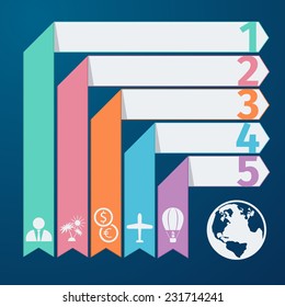 Modern spiral infographics options banner in flat design style. Can be used for workflow layout diagram number options web design. Travel infographic template pie chart with item icons