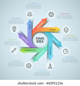 Modern spiral infographics options banner for 8 arrows. Vector illustration. can be used for workflow layout, diagram, number options, web design.