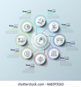 Modern spiral infographics options banner for 8 steps. Vector illustration. can be used for workflow layout, diagram, number options, web design.