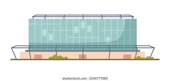 Modern sport arena building, stadium front view, flat cartoon football field or tennis court. Vector international arena exterior, building construction of soccer house or swimming pool