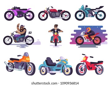 Modern sport bikes and bikers in leather jackets. Brutal strong men on extreme transport that gains high speed fast isolated vector illustrations.