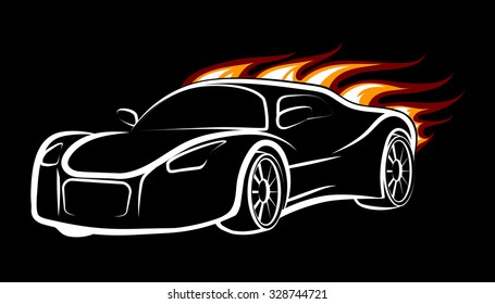 Modern sport car emblem. Burning car isolated on black.