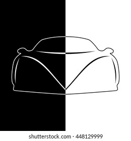 Modern sport car front view divided by half black and white silhouette
