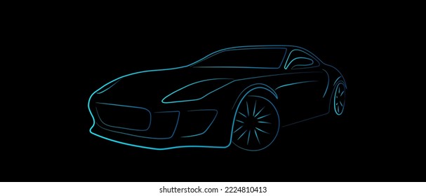 Modern sport car outline sketch silhouette blue and green light isolated on black background. Vector illustration in concept of technology, electric car, self drive car.