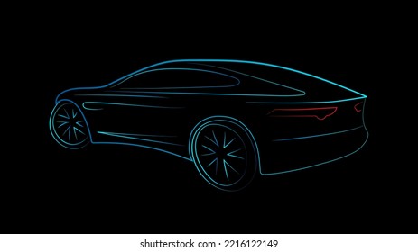 Moderna vista lateral de los coches deportivos silueta línea luz verde azul aislada sobre fondo negro. Ilustración vectorial para la tecnología de concepto de IA de vehículo eléctrico, auto-conducido