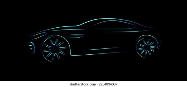 Modern sport car sketch line silhouette blue and green light isolated on black background in side view. Vector illustration in concept technology electric car, self drive car