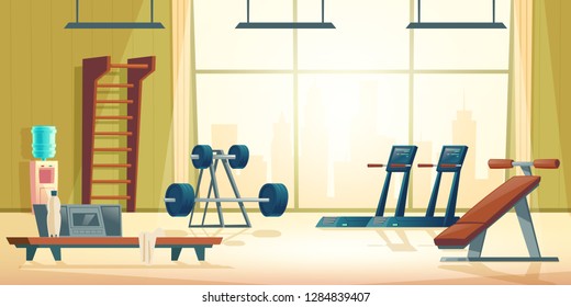 Modern sport club gym cartoon vector interior with treadmill, abdominal bench, barbell and dumbbell on stand in spacious room illustration. Contemporary fitness equipment. Active and healthy lifestyle