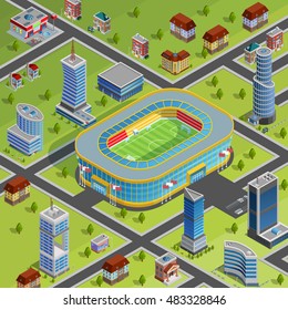 Modern sport complex stadium facility for games championships competitions in city center environment isometric poster vector illustration  