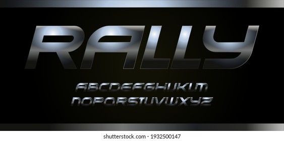 Modern sport font with metallic texture, vector typography. Alphabet for rally speed racing. Dark steel letters on black background.