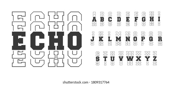 Modern sport font. Varsity echo font, college alphabet, sport font, letters and numbers. Sports mirror font for t-shirts, posters, cards and banners design. 