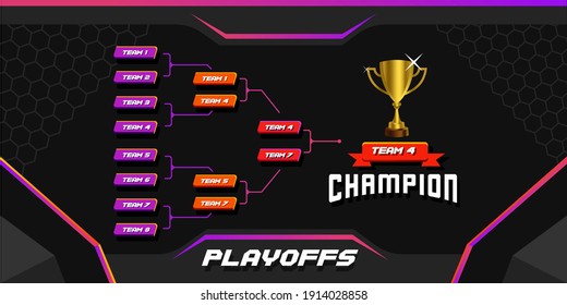 Modern Sport Game Tournament Championship Contest Stage, Single Elimination Bracket Board Vector With Gold Champion Trophy Prize Icon Illustration Background In Tech Theme Style Layout.