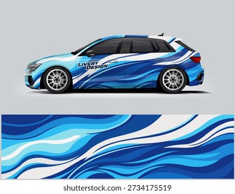 Modern sport hatchback car wrap design with blue and white flowing wave patterns. Clean and dynamic vinyl wrap illustration inspired by water and speed, ideal for automotive branding and racing-themed projects.