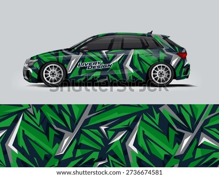 Modern sport hatchback car wrap design with green and black abstract shard graphics. Contemporary vinyl wrap illustration suitable for creative automotive styling and vehicle visual concepts.