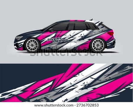 Modern sport hatchback car wrap design with pink, black, and white abstract shard graphics. Contemporary vinyl wrap illustration for creative automotive styling and transportation visuals.