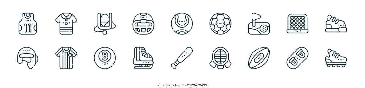 Perfecto para diseños de IU lineales con tacos de Vector, snowboard, rugby, kendo, béisbol, patinaje artístico, billar y más iconos para App móviles y de Web.