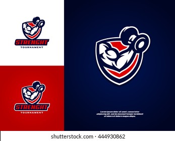 Modern sport logo template with the image of a muscular arm, which holds the dumbbell.