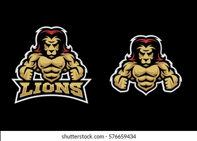 Modern sport logo template with the image of the muscular anthropomorphic lion.Mascot in sports style.