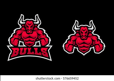 Modern sport logo template with the image of the muscular anthropomorphic bull. Mascot in sports style.