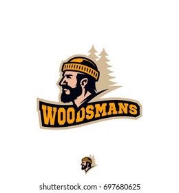 Modern sport logo template with the image of the bearded man in hat. Woodsman. Lumberjack. Mascot.