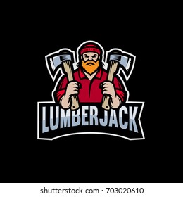 Modern sport logo template with image of the lumberjack with two axes in his hands. Mascot.