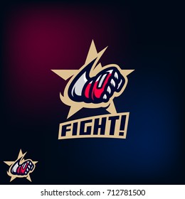 Modern sport logo template with image of the flying hand in a fighting glove on the background of a golden star.