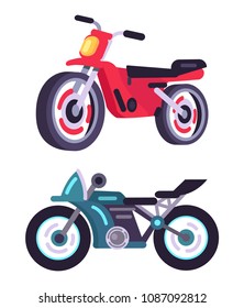 Modern sportive motorbikes in red and blue corpuses. Fast dangerous extrime vehicle. Maneuver transport that can gain high speed vector illustrations.