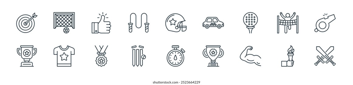 modern sports and awards icon pack. perfect for linear ui designs featuring vector sword, flame, biceps, award, stopwatch, wicket, medal and more icons for mobile and web apps.