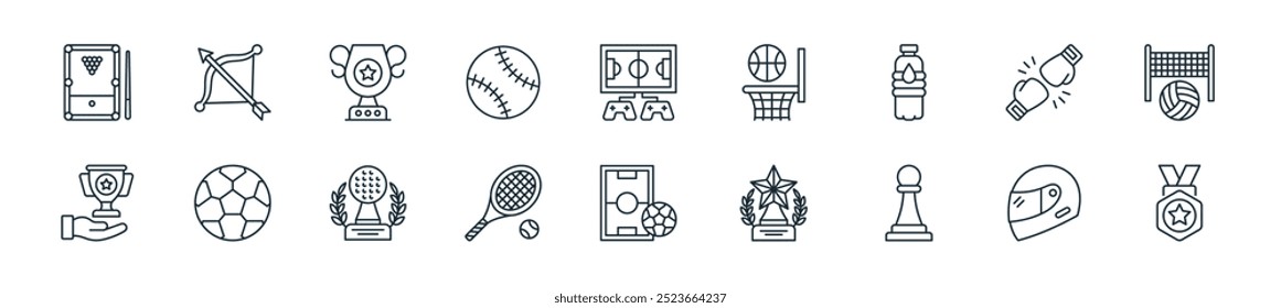 moderno esportes e prêmios ícone pack. perfeito para projetos de iu linear com medalha vetorial, capacete, xadrez, vencedor, chão, tênis, troféu e mais ícones para aplicativos móveis e web.