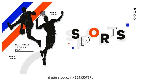 Banner esportivo moderno com jogadores de basquete e vôlei na silhueta de ação. As listras laranja e azul adicionam contraste dinâmico. Layout limpo com a palavra "ESPORTE" enfatiza a energia e a competição.
