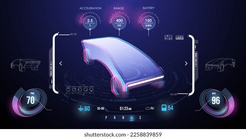 Moderno panel de control de coches deportivos con pantalla de navegación. Cockpit de un coche autonómico futurista. Resumen de la interfaz de usuario de toque gráfico virtual. Auto Service, Diseño Moderno, Diagnóstico Automático.