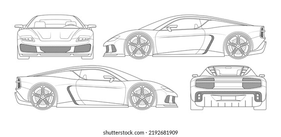 Modern Sports Car Mockup In Outlines, Contours. Set Of Blueprints Of Non-existent Supercar. Side, Front, Rear View Of A Sportscar Isolated On White Background. Vector Template For Coloring, Branding.