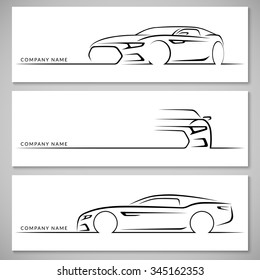 Modern sports car silhouettes. Front, 3/4 and side view. Vector background