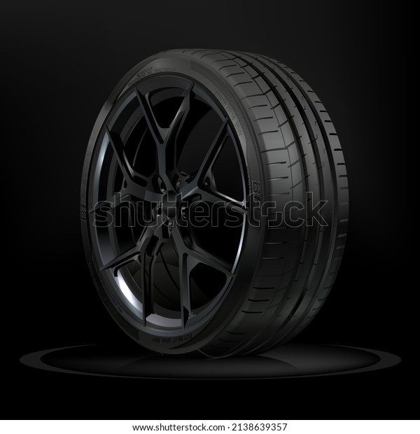 Modern sports car tire on alloy wheels.\
Dark background. Car wheel with tread. Wheel vector icon. Tire\
fitting, tire change car service. Isolated.  Detailed tire design.\
Aluminum wheel\
illustration.