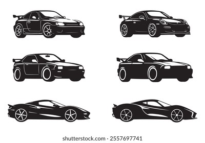 Modern Sports Car Vector Silhouette Set. Luxury and Performance Car Collection in Various Styles