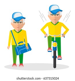Modern sports elderly man leads healthy lifestyle. Dressed in sports suit and sneakers, cap on his head, sports bag in hand. Objects isolated on a white background. Flat vector illustration.