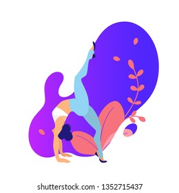 Modern sports illustration with young girls in gradient flat style. Healthy and wellness lifestyle. Young people doing yoga, barre,  fitness exercises. Design good for web - Vector