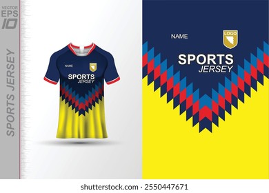 Modern sports jersey design with dynamic colors and geometric patterns, perfect for soccer, cycling, or activewear. A sleek and energetic look ideal for teams or personal sports apparel