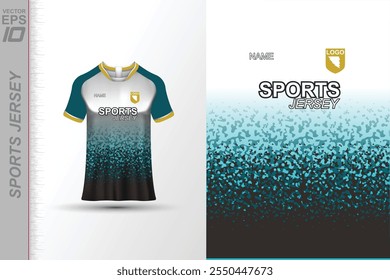 Design moderno da camisa de esportes com cores dinâmicas e padrões geométricos, perfeito para futebol, ciclismo ou roupas ativas. Um olhar elegante e energético ideal para equipes ou vestuário esportivo pessoal