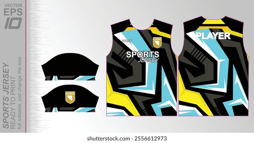 Modern sports jersey design with dynamic colors and geometric patterns, perfect for soccer, cycling, or activewear. A sleek and energetic look ideal for teams or personal sports apparel