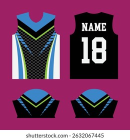 Modern sports jersey design, with dynamic colors and geometric patterns, perfect for soccer, cycling, football, hockey, tennis camp